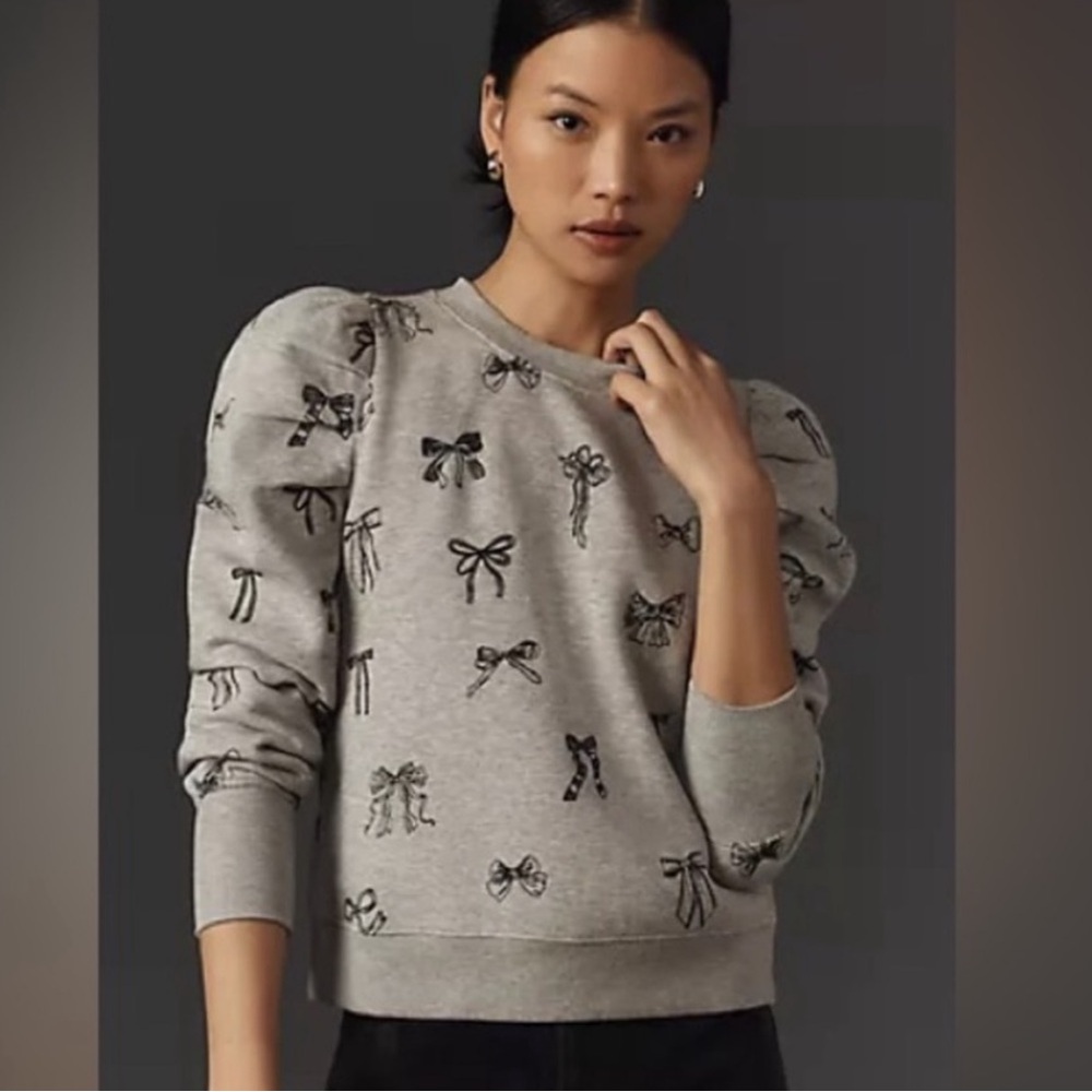 Anthropologie Maeve Gray Embroidered Bow Puff Sleeve Sweatshirt sz. Small